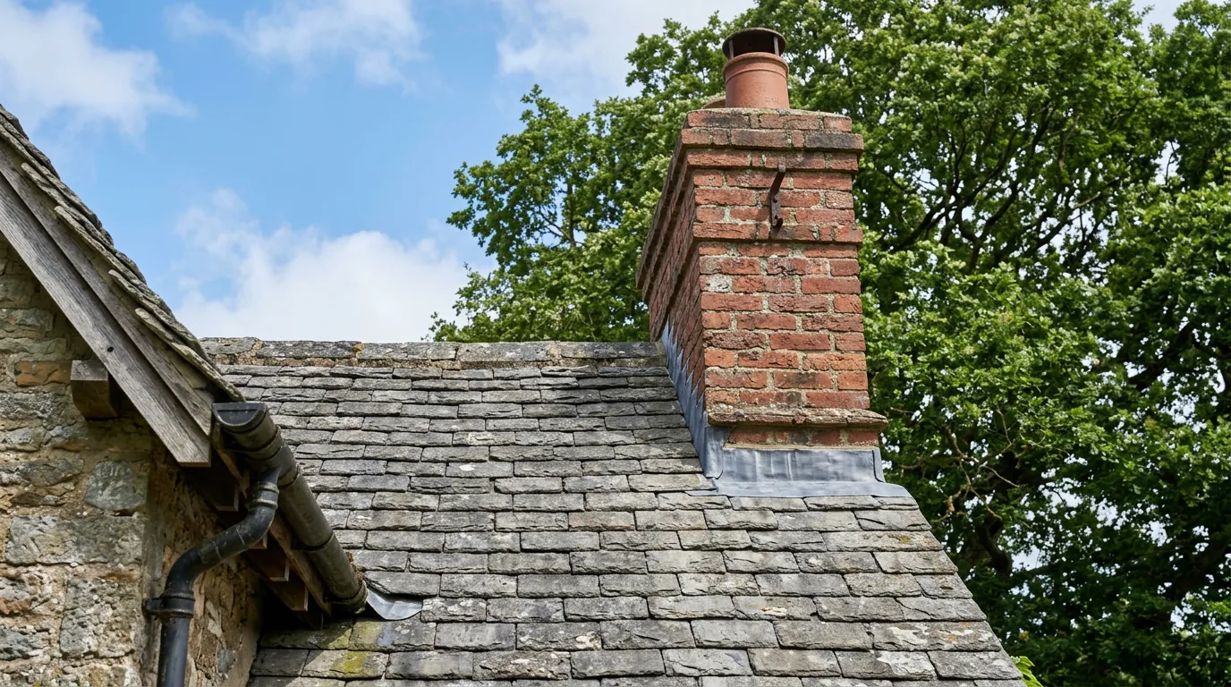 Illustration of the junction between a slate cottage roof and brick chimney