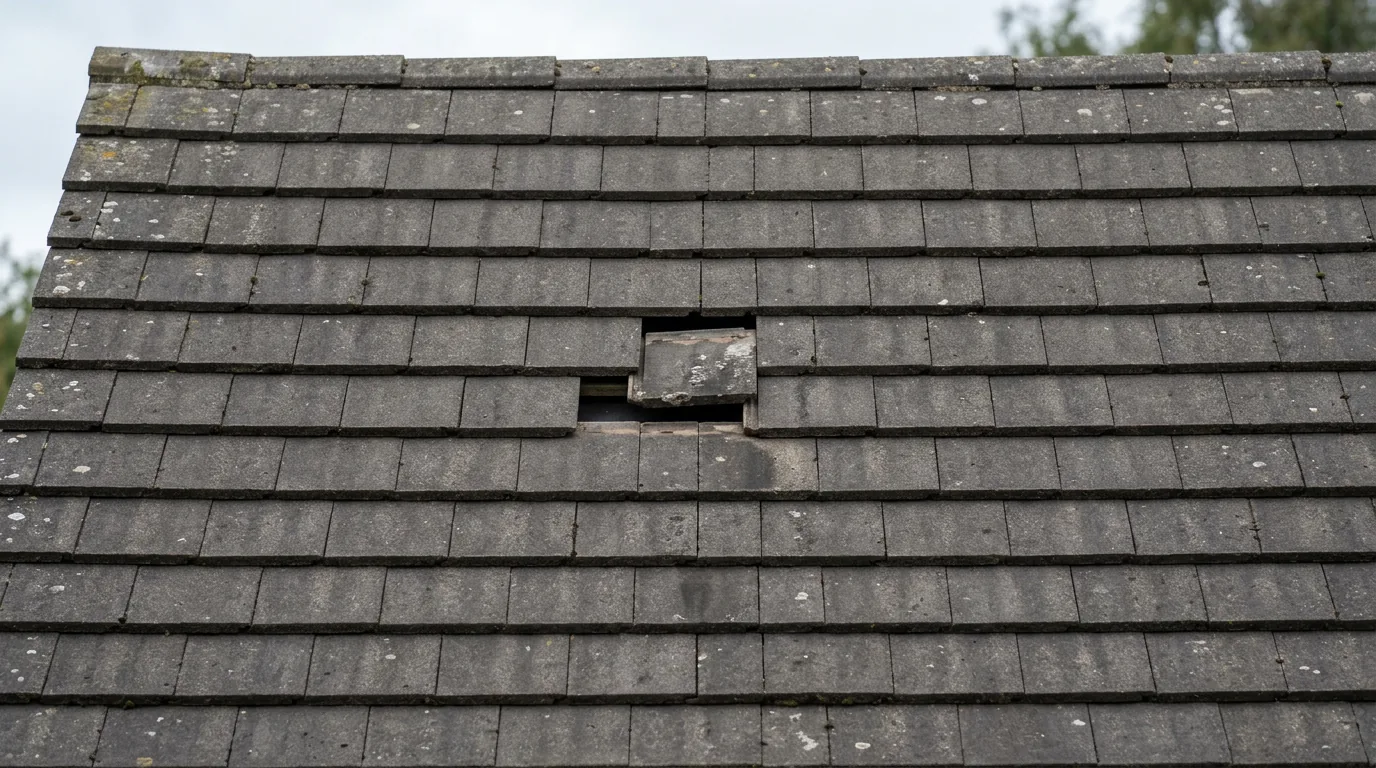 Illustration of a slightly displaced tile in a grey tiled roof