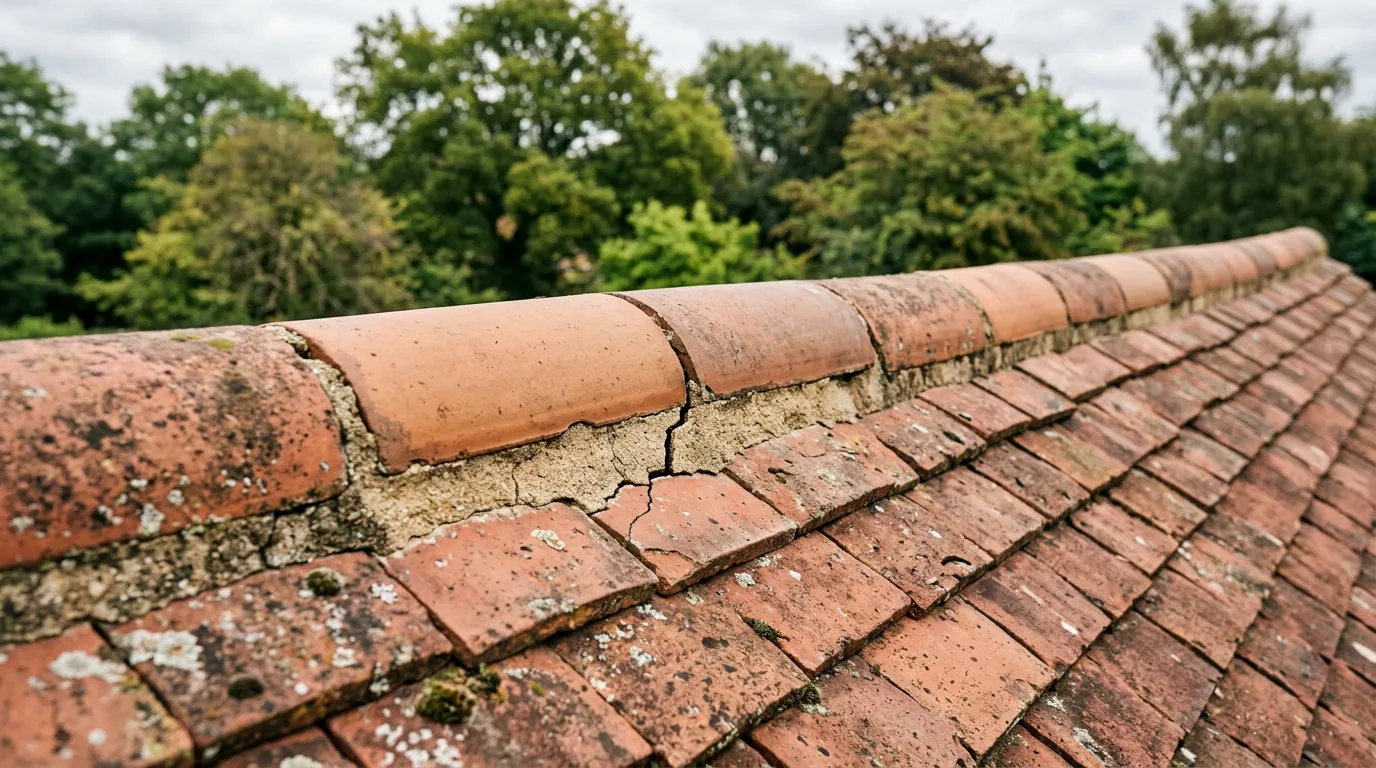 Illustration of localised mortar deterioration beneath terracotta ridge tiles