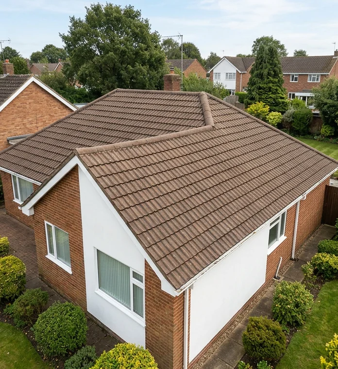 The same illustrative bungalow with moss removed and its existing weathered brown roof colour retained