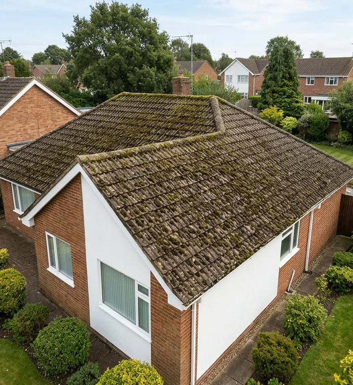 Illustrative brick and render bungalow with moss and algae covering brown concrete roof tiles