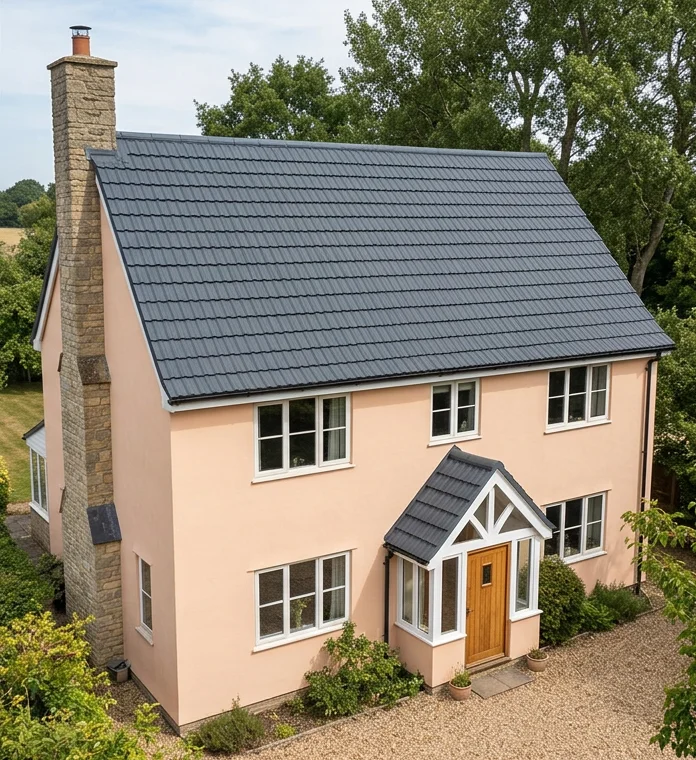 The same illustrative peach house with a uniform matt slate-grey roof-colour finish