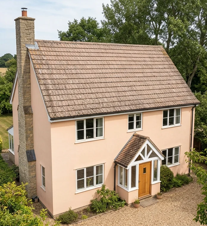 Different illustrative pale peach house with faded reddish-brown mineral roof tiles