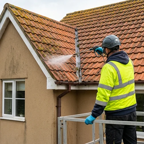 Illustrative controlled treatment application to orange roof tiles on another property
