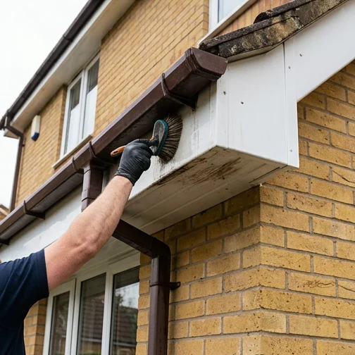 Illustrative brush washing white roofline boards on a different yellow brick home