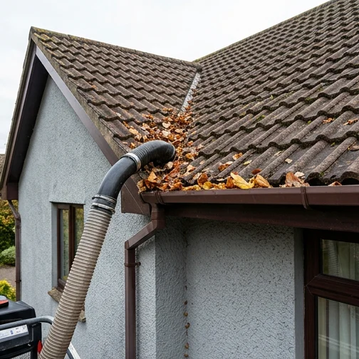 Illustrative gutter vacuum clearing brown guttering on a separate rendered bungalow