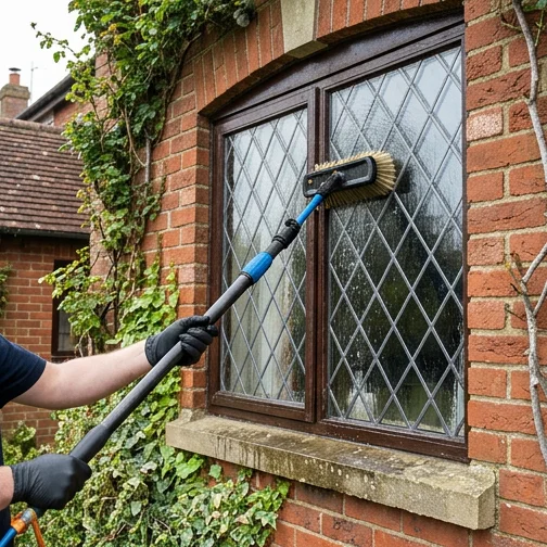 Illustrative water-fed brush washing a leaded window on a brick cottage