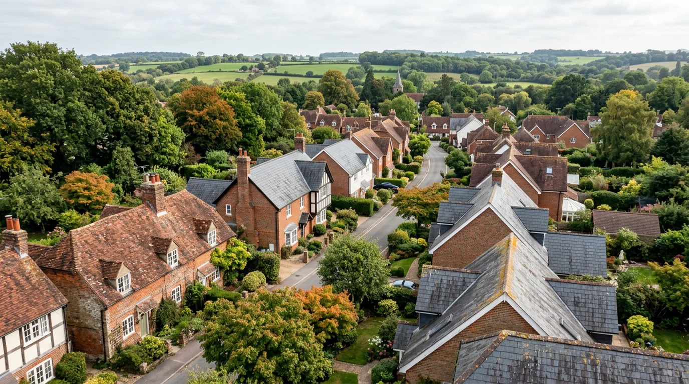 Illustrative Hampshire market-town rooflines with varied tile and slate coverings among mature residential gardens