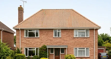 Different illustrative rose-brick home with faded light orange mineral roof tiles