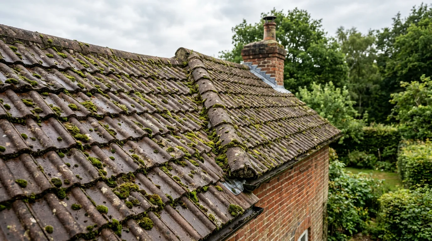 Illustrative moss-covered brown tile roof on a British cottage