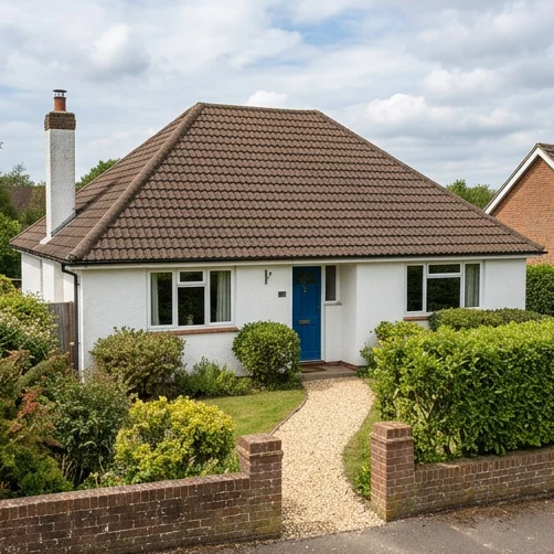 The same illustrative white bungalow after moss removal retaining its weathered brown roof colour