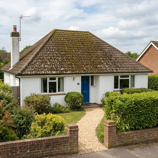 Illustrative white bungalow with a blue door and moss on brown concrete roof tiles