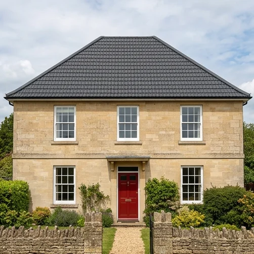 The same illustrative limestone house with a uniform matt dark-grey roof-colour finish