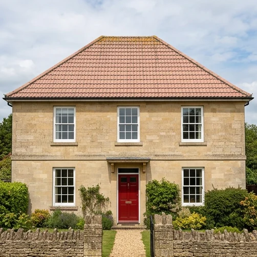 Different illustrative limestone house with a red door and faded pink mineral roof tiles