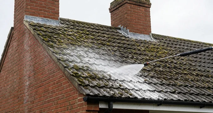 Illustrative controlled biocide application to another home’s dark concrete tiles