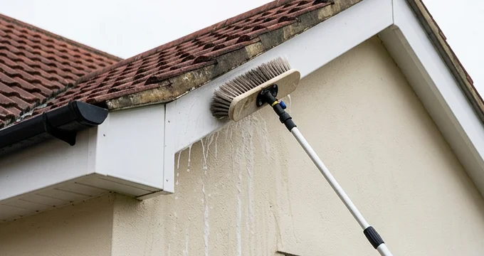 Illustrative brush washing white roofline boards on a different cream house