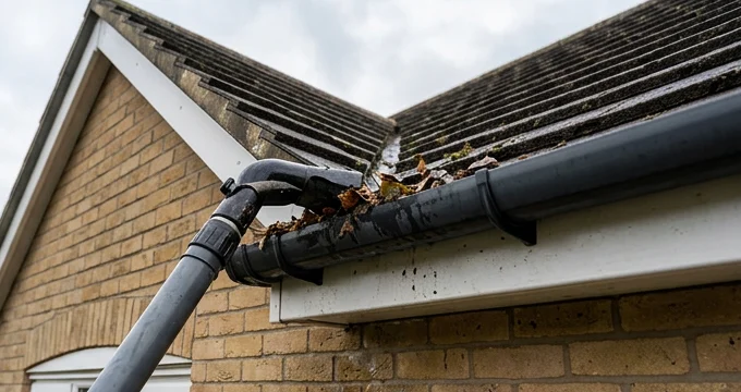 Illustrative gutter vacuum removing debris on a separate tan brick house