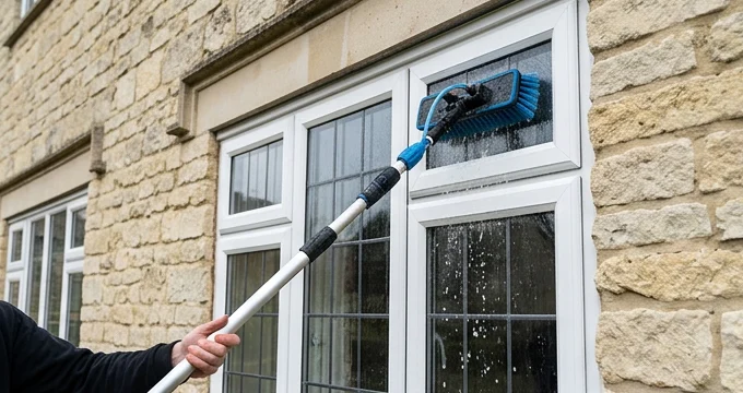 Illustrative water-fed brush washing a window on a limestone house