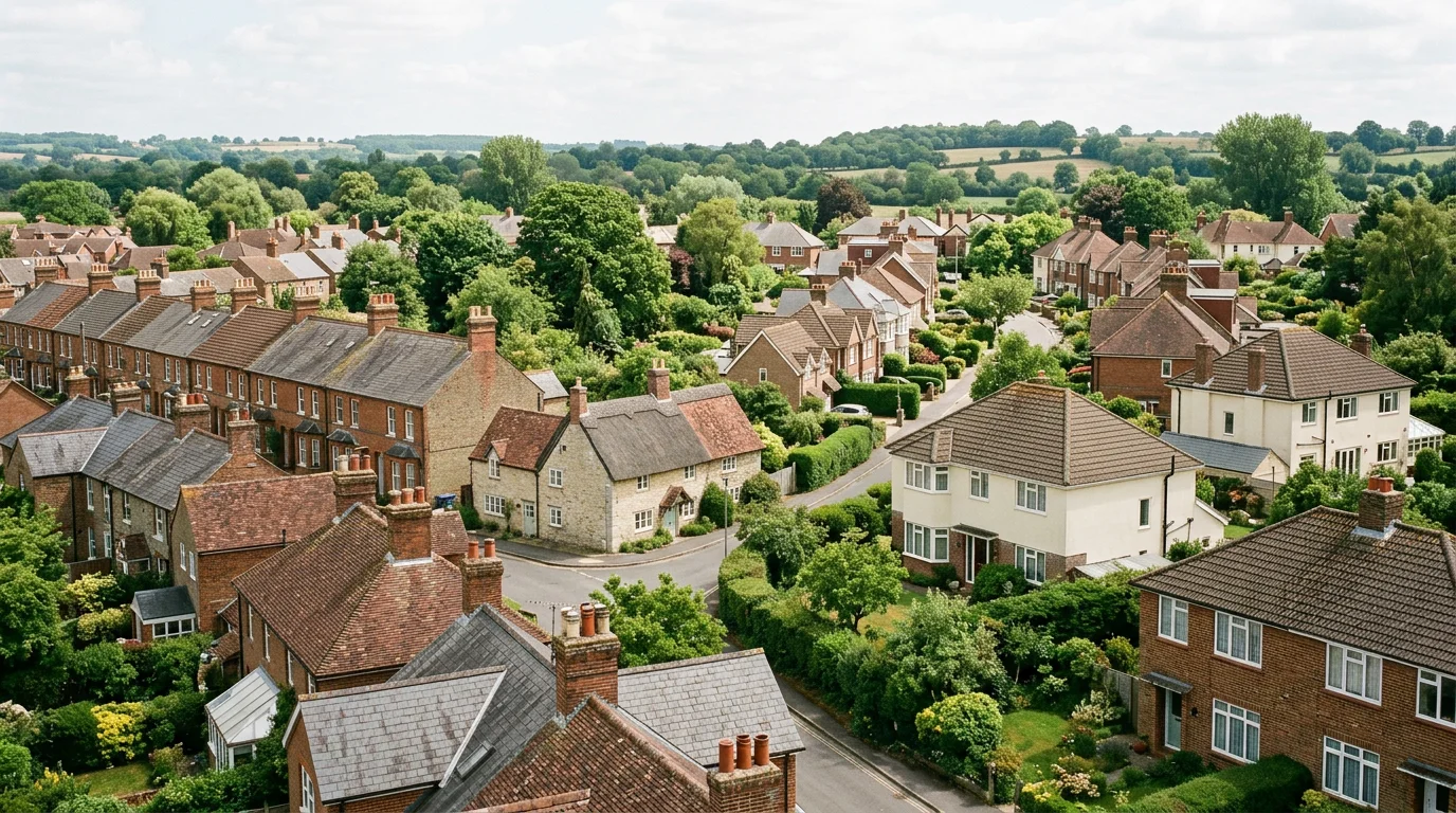 Illustrative Wiltshire residential rooflines with varied tiles and established gardens
