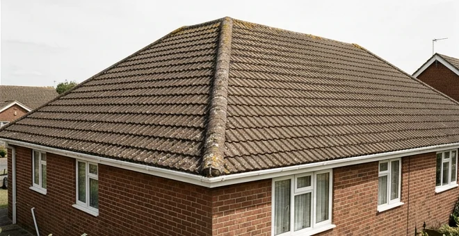 Illustrative red brick bungalow with moss on brown concrete roof tiles