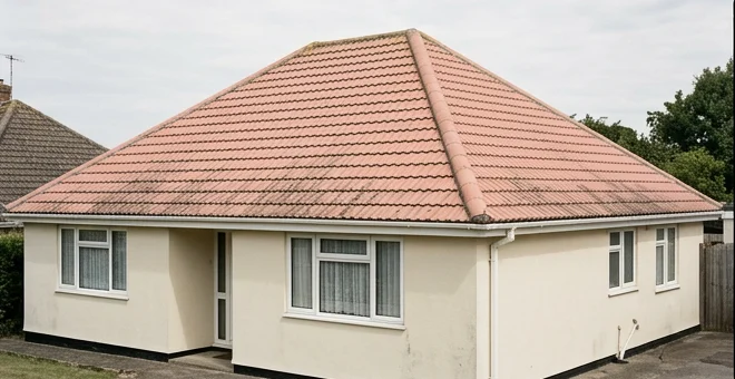 Separate illustrative cream home with faded salmon-pink mineral roof tiles