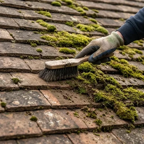 Illustrative moss-covered tiled roof