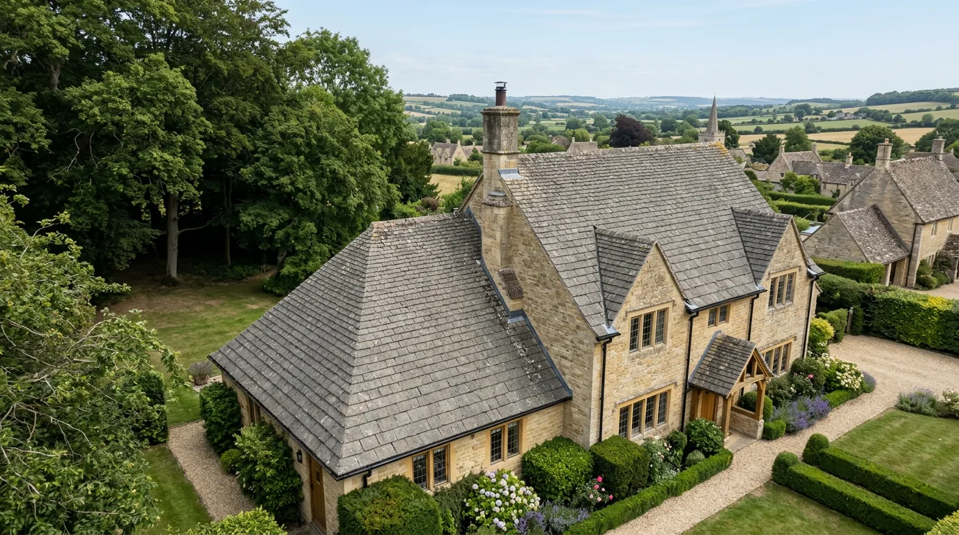 Illustrative stone home with a grey tiled roof, not a completed RoofRegen project