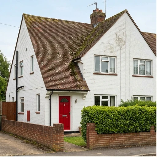 Illustrative white brick home with moss and dirt on its reddish brown tiled roof