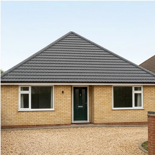 The same illustrative yellow brick bungalow with a charcoal finish on compatible concrete tiles