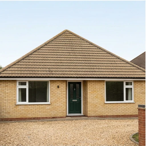 Illustrative yellow brick bungalow with faded tan concrete roof tiles