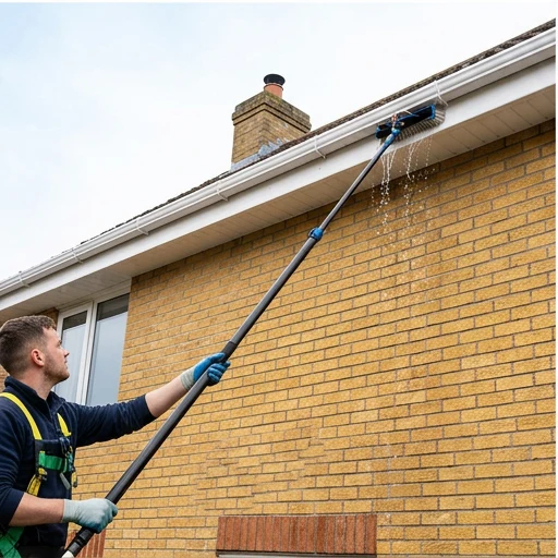 Illustrative water-fed brush washing white fascia and soffit boards