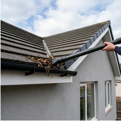 Illustrative gutter vacuum clearing leaves from a different home