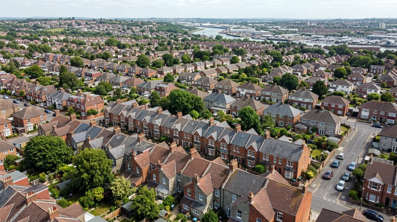 Illustrative Southampton-inspired residential rooflines with varied tiled and slate roofs, gardens and a distant river