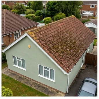Illustrative sage-rendered bungalow with moss on terracotta roof tiles