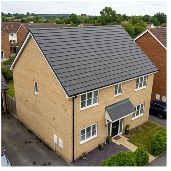 Different illustrative buff brick home with a charcoal mineral tile roof