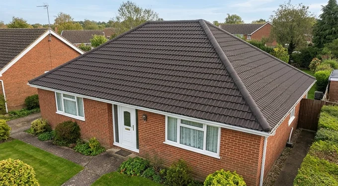 The same illustrative red brick bungalow after moss removal retaining brown tile colour