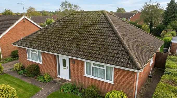 Illustrative red brick bungalow with a white door and moss on brown concrete roof tiles