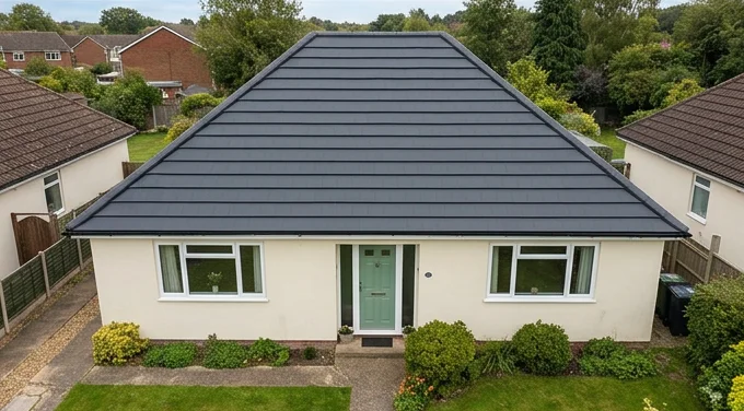 The same illustrative cream bungalow with a uniform matt dark-grey roof-colour finish