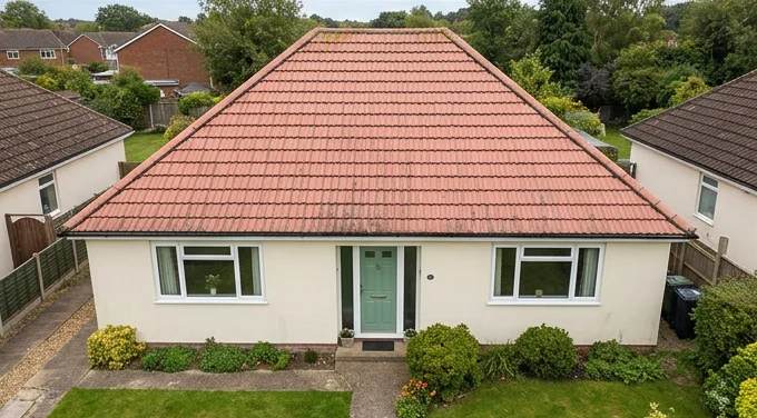 Different illustrative cream bungalow with a green door and faded pink mineral roof tiles