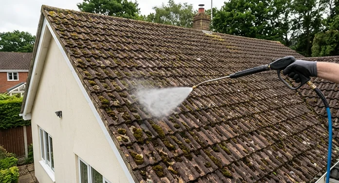 Illustrative low-pressure biocide application to another home’s brown tiled roof