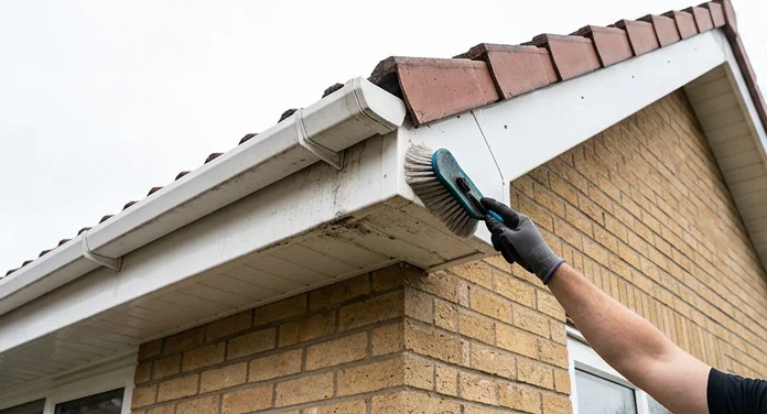 Illustrative washing of white roofline boards on a different buff brick bungalow