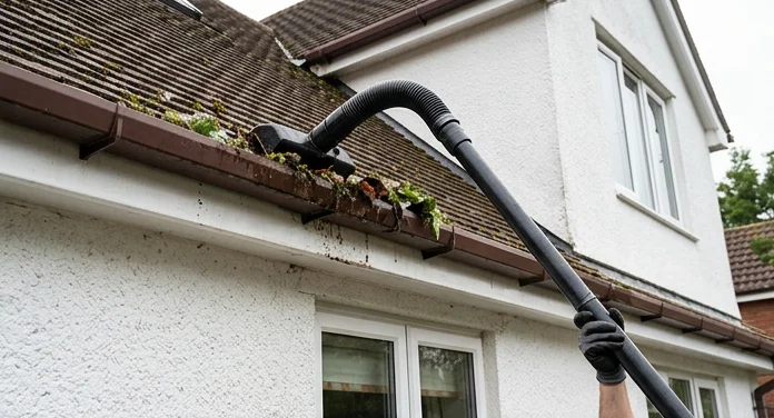Illustrative gutter vacuum clearing leaves on a separate white house