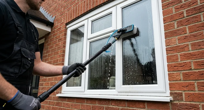 Illustrative water-fed brush washing a window on a red brick home