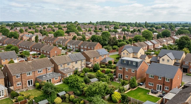 Illustrative mixed residential tiled rooflines and mature gardens in an inland English setting