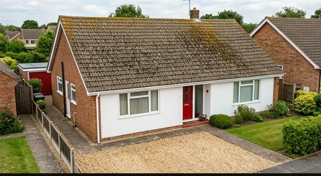 Illustrative white-fronted brick bungalow with moss on greybrown concrete tiles