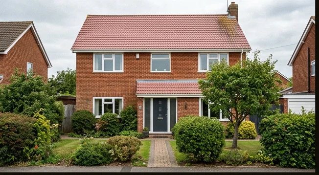 Separate illustrative red brick home with faded pink mineral roof tiles