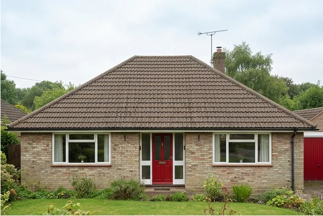The same illustrative pale brick bungalow after moss removal retaining the underlying brown tile colour