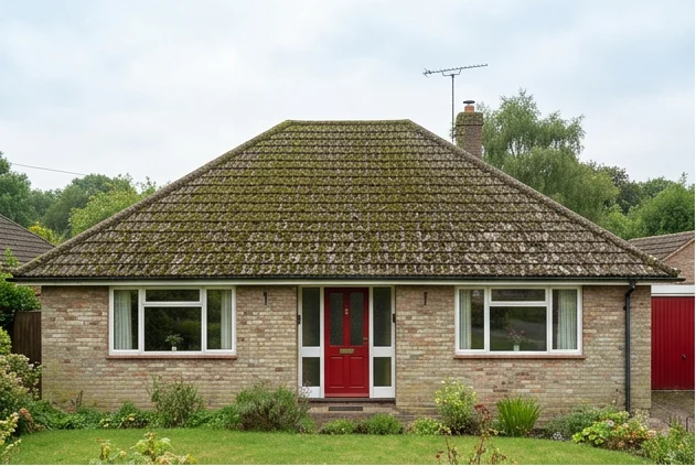 Illustrative pale brick bungalow with a red door and moss on brown concrete tiles