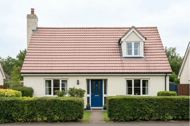 Different illustrative ivory cottage with a dormer, blue door and faded pink mineral tiles