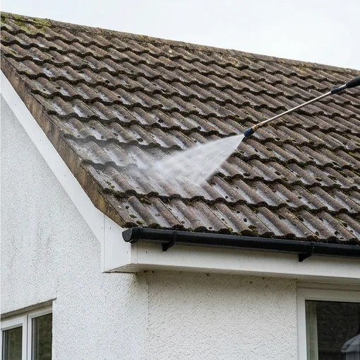Illustrative low-pressure biocide application to a different white home’s brown tiles